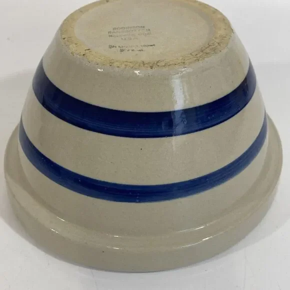 Vtg‎ ROSEVILLE POTTERY STONEWARE MIXING BOWL Blue Stripes 7” Farmhouse - Picture 4 of 7